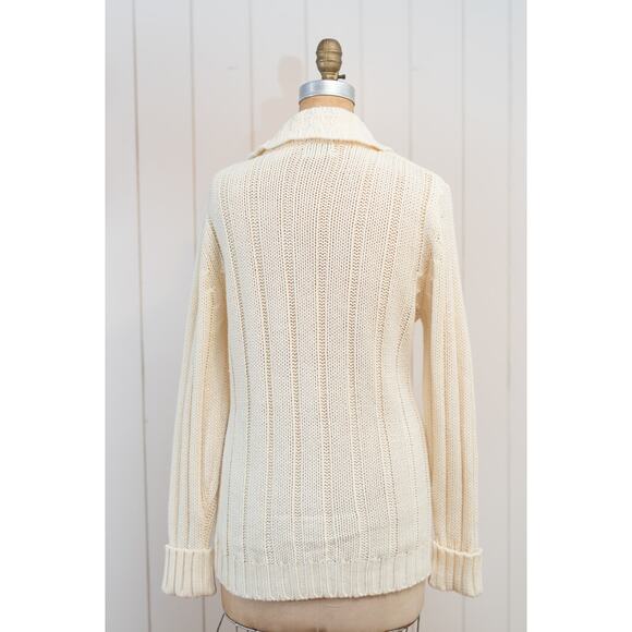 Vintage Cream Cable Knit Fisherman Sweater, Cottage Acrylic Cardigan, Pockets, M - Picture 8 of 11